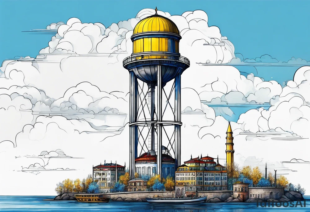 istanbul water tower with yellow blue details tattoo idea