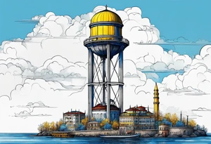 istanbul water tower with yellow blue details tattoo idea