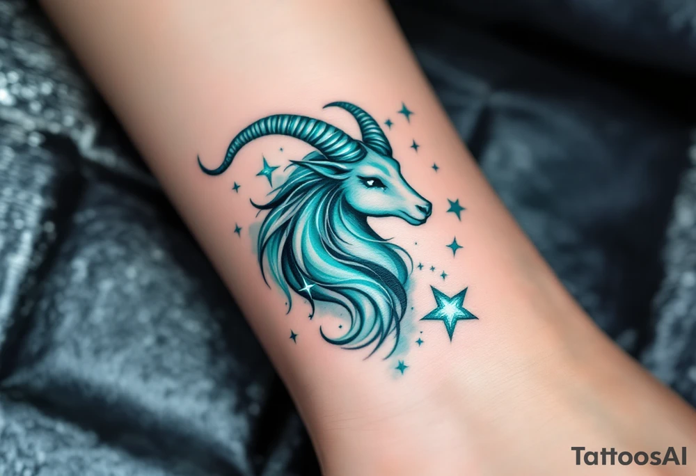 This Capricorn design features glowing teal stars across a smoky watercolor background for a mysterious edge. tattoo idea