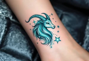This Capricorn design features glowing teal stars across a smoky watercolor background for a mysterious edge. tattoo idea