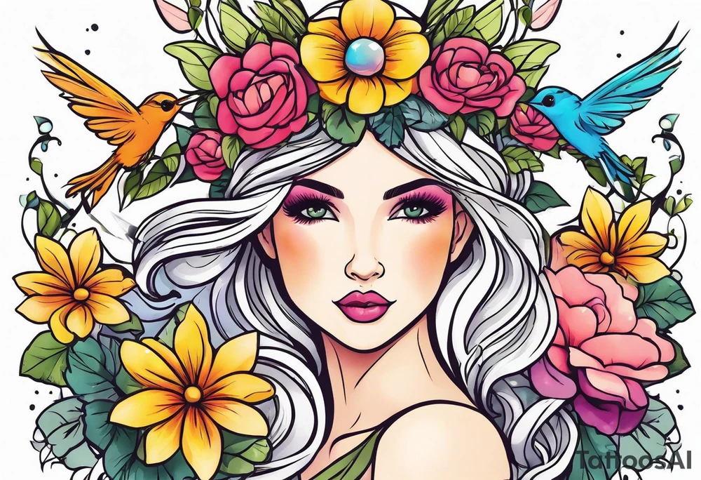 Fairy flower bird crown tattoo idea