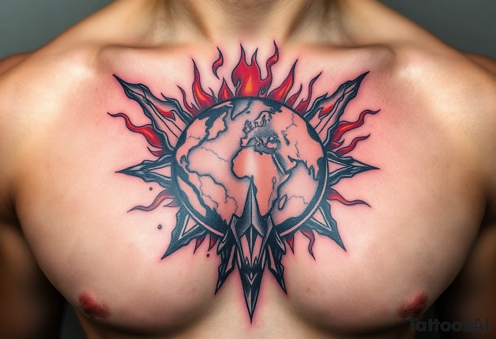 toxic world on fire tattoo idea