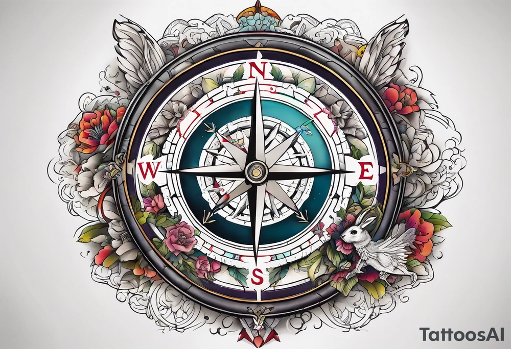 Compass wonderland skeleton white rabbit tattoo idea