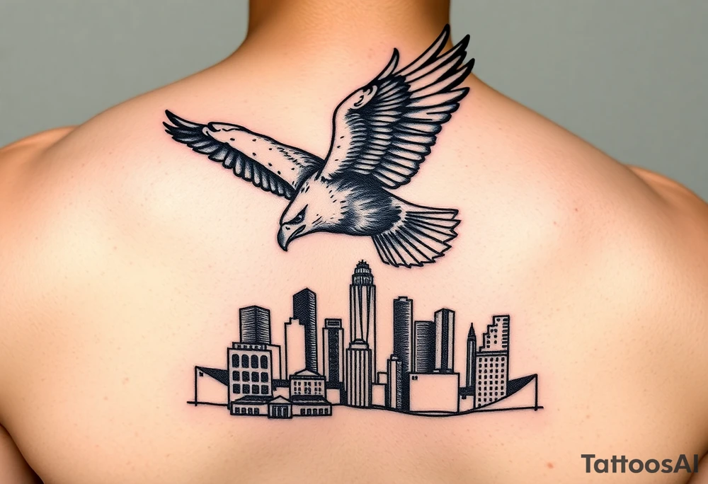 Philadelphia Eagle flying over Philadelphia city skyline with go Birds under it tattoo idea