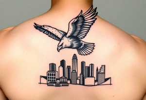 Philadelphia Eagle flying over Philadelphia city skyline with go Birds under it tattoo idea