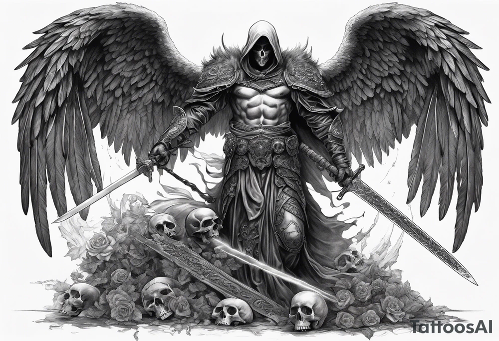 realistic angel of death, man, full body, no face visible, holding one sword in both hands, sword pointing downwards, skulls lying on the ground tattoo idea