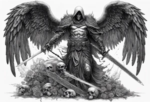 realistic angel of death, man, full body, no face visible, holding one sword in both hands, sword pointing downwards, skulls lying on the ground tattoo idea