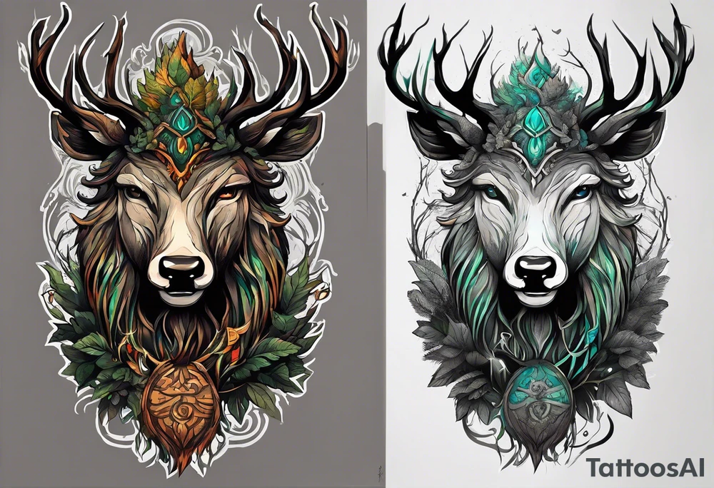 The Great Forest Spirit is a powerful deity that rules over the forest and the animals. It can take the form of a deer-like creature with a human face, or a giant, glowing humanoid at night. tattoo idea