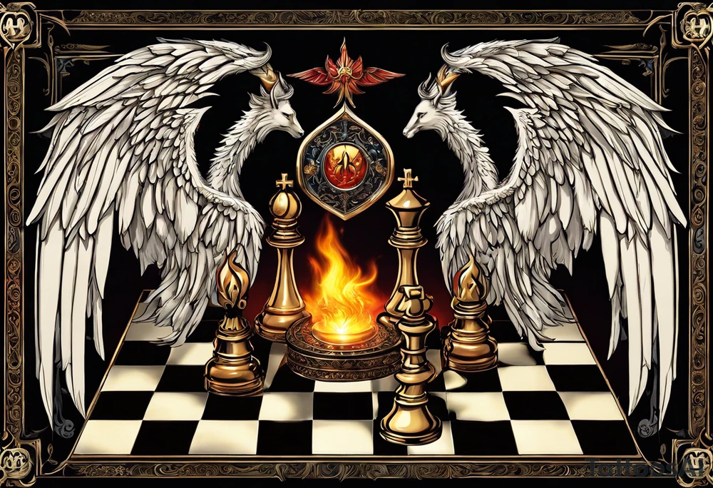 Create a visually stunning chessboard with celestial and infernal themes on opposite sides. Use radiant symbols like halos, feathers, and angelic wings for the celestial side, and incorporate flames, tails, and demonic horns for the infernal side.

Chess Pieces: Design the chess pieces as intricate representations of angels and demons. The angelic pieces could be elegant and ethereal, while the demonic pieces might have a more menacing and fierce appearance.

Details: Add small details to each square on the chessboard, such as heavenly clouds on the angelic side and swirling flames on the demonic side. This intricate detailing enhances the overall visual appeal.

Interaction: Show the chess pieces in mid-motion, suggesting a dynamic and ongoing struggle between the forces. The interaction between the pieces can convey the intensity of the eternal game. tattoo idea