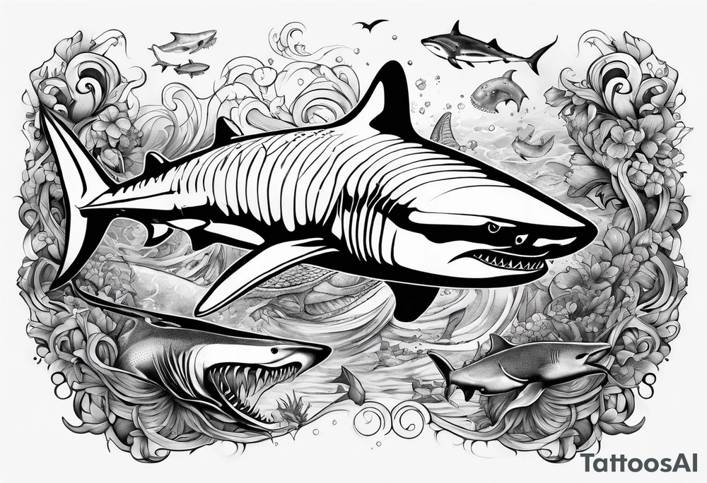 shark, octapus, lion, whale shark, manta ray sleeve tattoo idea