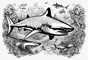 shark, octapus, lion, whale shark, manta ray sleeve tattoo idea