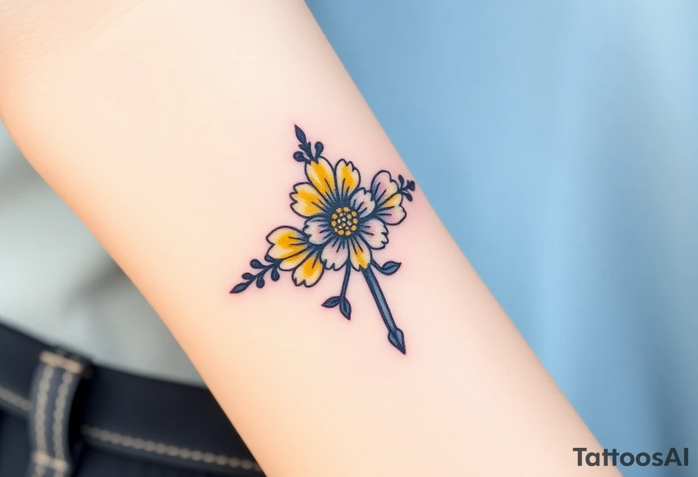 Yellow daisy Purple Hearts in heaven cross tattoo idea