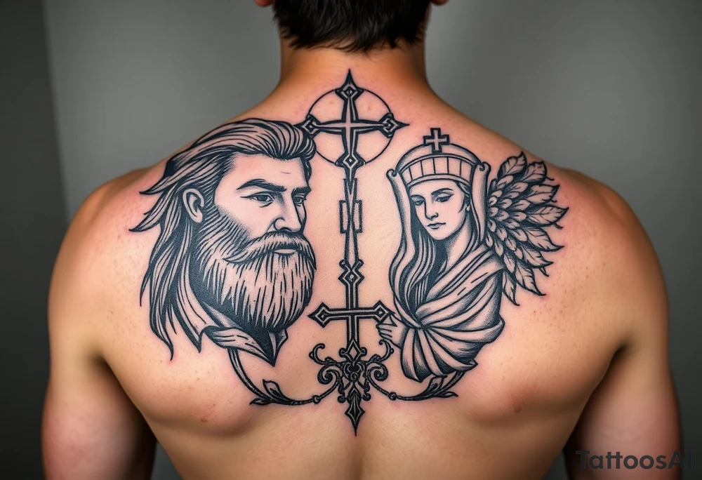 Father son and the holy spirit tattoo, no human faces, be creative with it.  Use only non human imagry tattoo idea