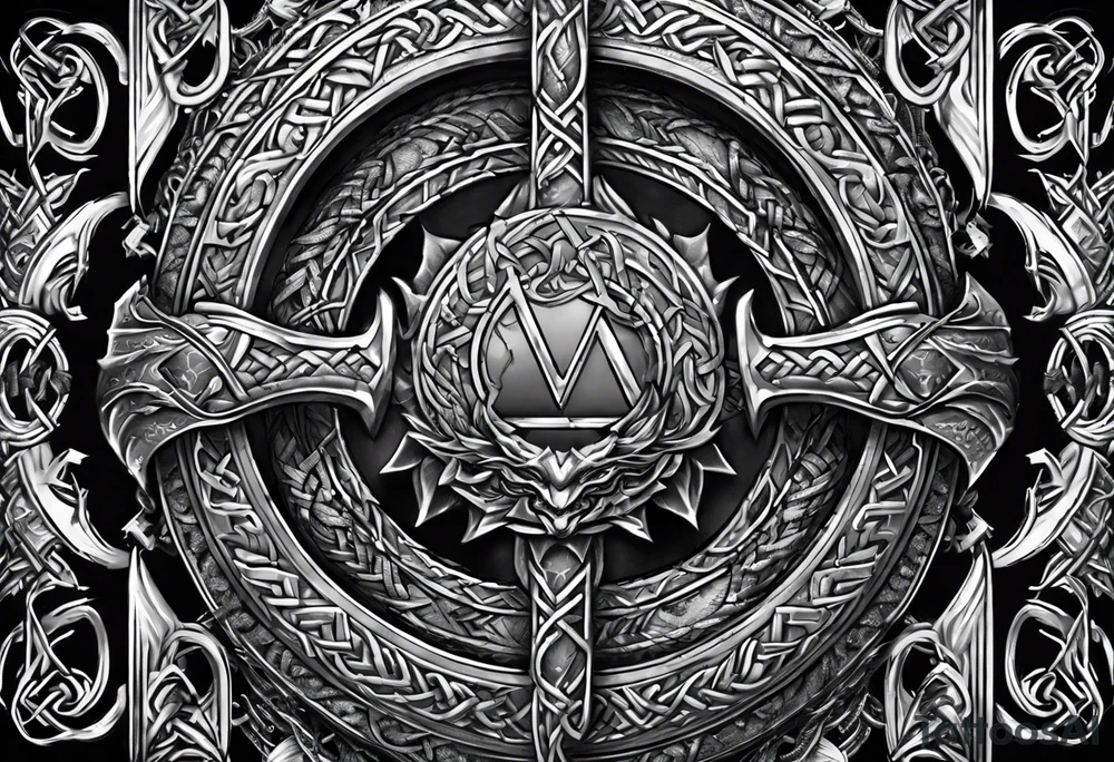 Valhalla sword shield dragon axe Valknut barbed wire chains tattoo idea