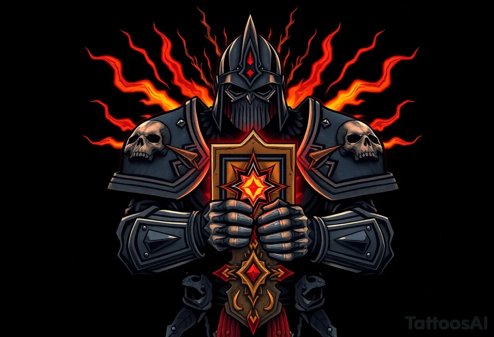 Warhammer, the Old World. A warrior priest of Sigmar holding The Warhammer of Sigmar. The Warhammer of Sigmar is radiating thunderous energy. The Warhammer is held by the warrior priest with both hands upon his chest level. The Warrior priest is wearing dark alloyed heavy armour with skull sigils on his shoulder pads. The warrior priest is wearing a helmet, while the helmets front visor has an humanoid face covering. The helmet and armour are gladened with hints of gold and crimson red. tattoo idea