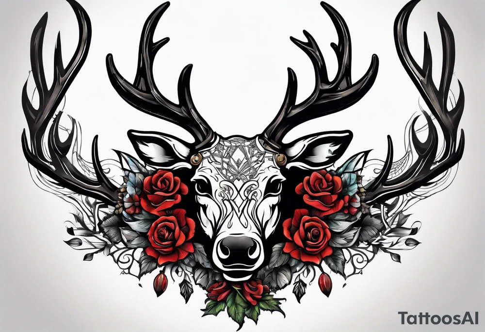back tattoo of a front view reindeer with half the face as a skull tattoo idea