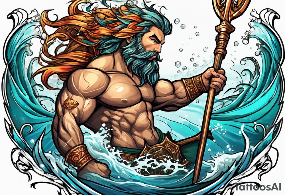 muscular
god 
posideon fighting a sport fish with a trident surrounded by sexy  female 
mermaids tattoo idea