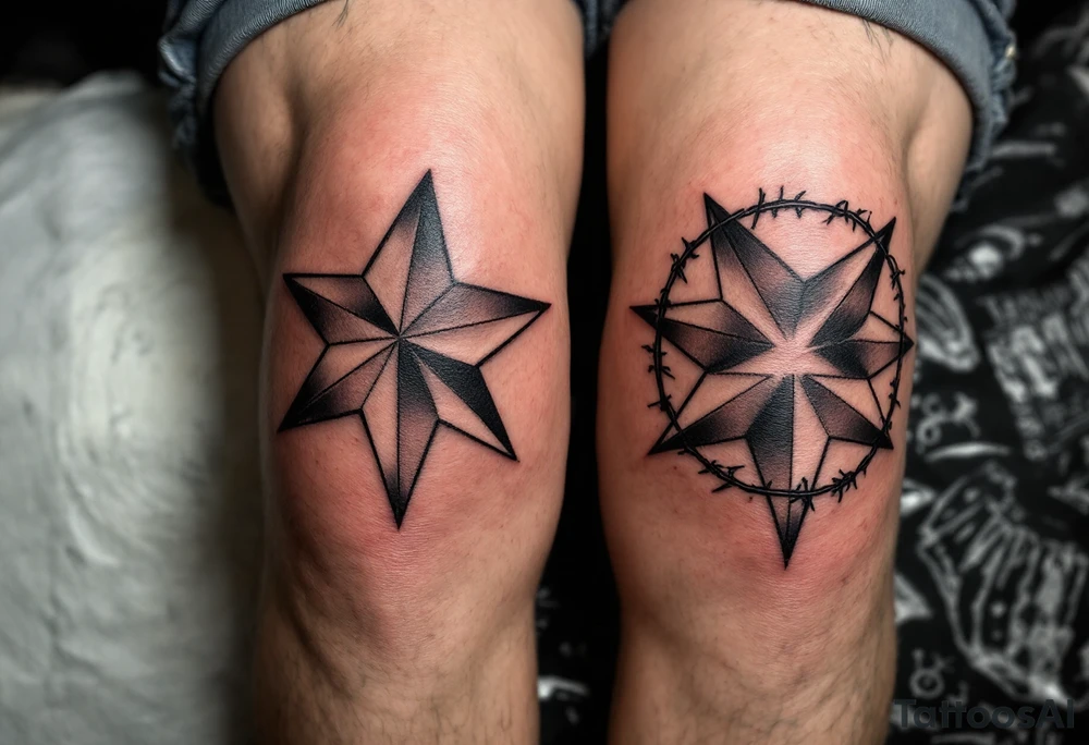 Solid black stars with barbed wire borders, centered on each kneecap, combining simplicity with toughness. tattoo idea