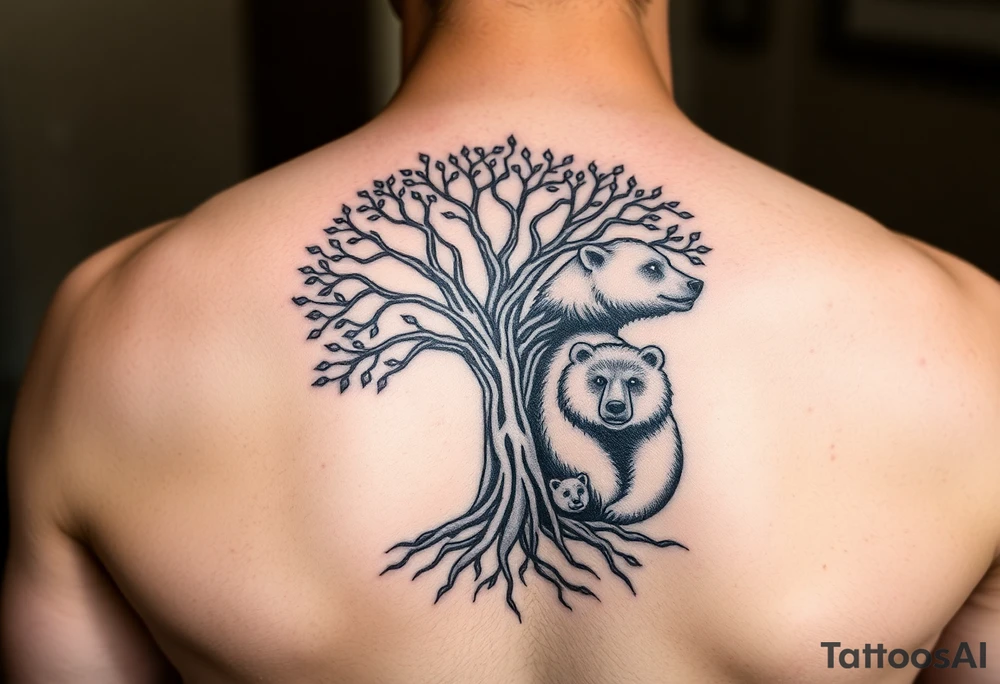 Tree of life with root detail and a realistic mother bear with her cub tattoo idea