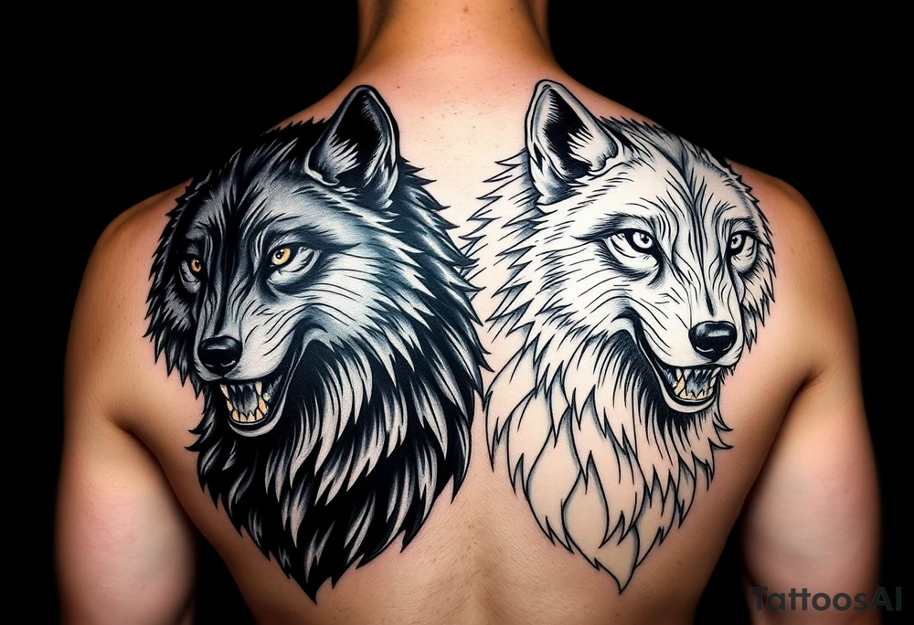 2 wolves- good and evil . Full body of wolf black wolf white wolf tattoo idea