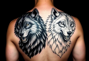 2 wolves- good and evil . Full body of wolf black wolf white wolf tattoo idea