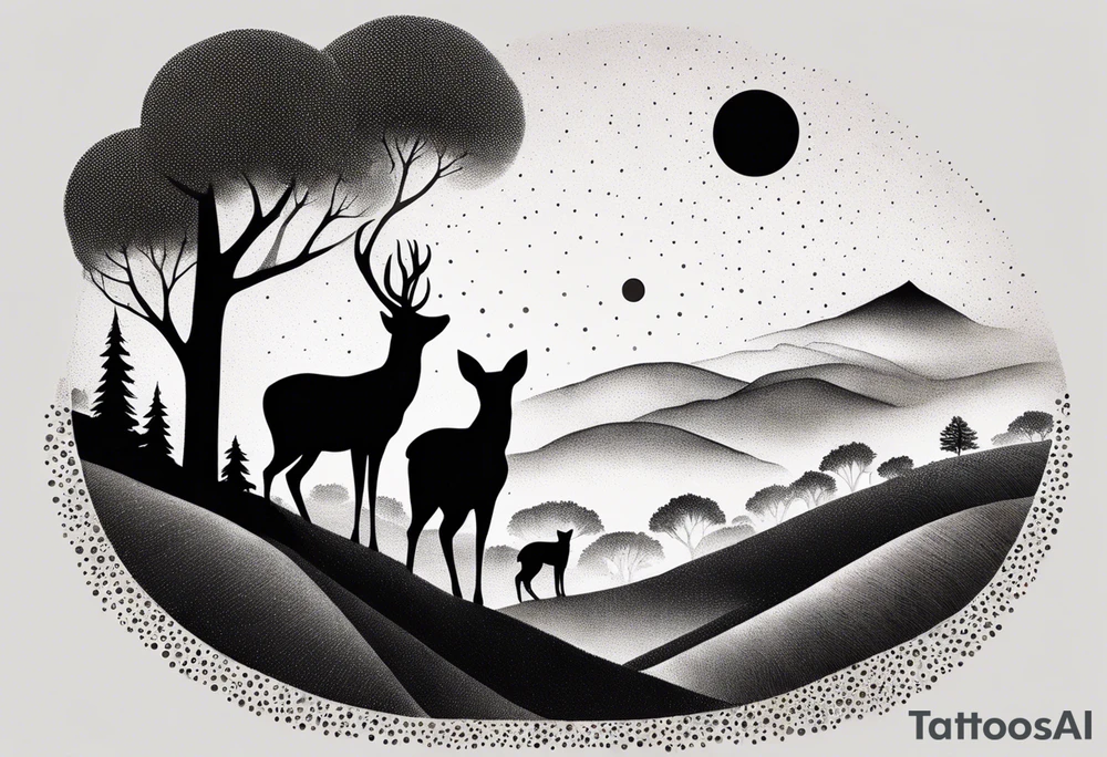 “Generate a minimalist tattoo showcasing a symmetrical scene of rolling hills and a rising sun, with small animals like deer or foxes incorporated into the design. tattoo idea