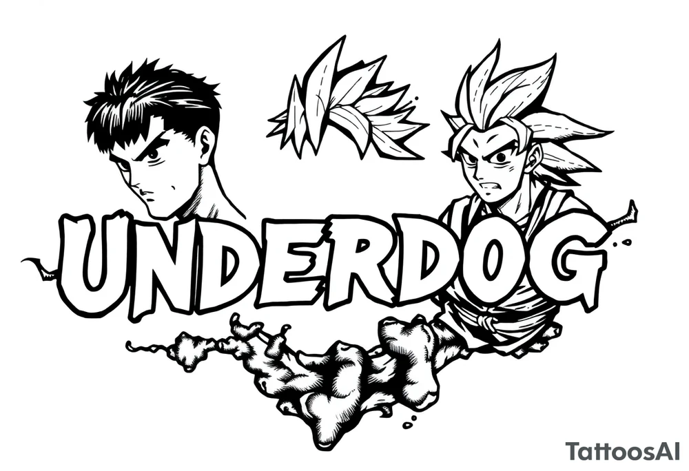 the word underdog in a with 3 anime characters
Ippo and Naruto and son Goku tattoo idea