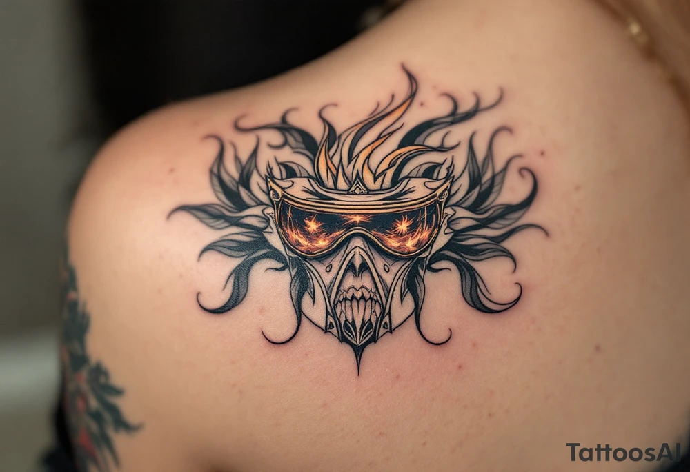 A detailed breathing mask with fire reflecting in the visor tattoo idea