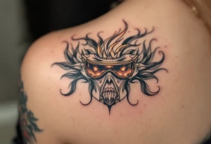 A detailed breathing mask with fire reflecting in the visor tattoo idea