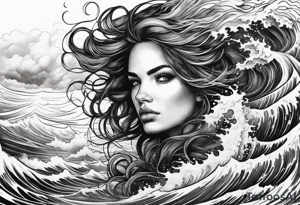 stormy sea waves, a woman in the middle of a storm tattoo idea