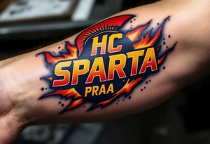 A bold red and yellow "HC Sparta PRAHA" logo blazing across a muscular forearm with icy blue shading. tattoo idea