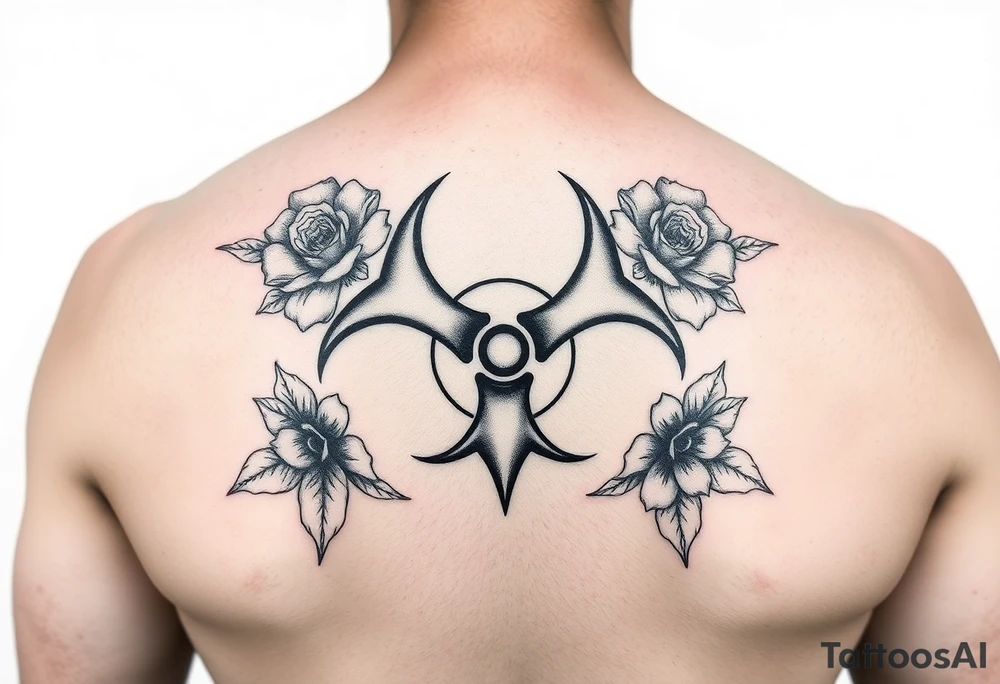 floral biohazard symbol in old school style black ink. tattoo idea
