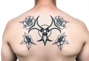 floral biohazard symbol in old school style black ink. tattoo idea