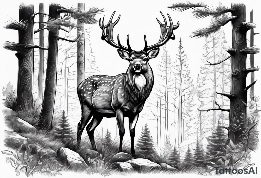 Deer in wood with big rack tattoo idea