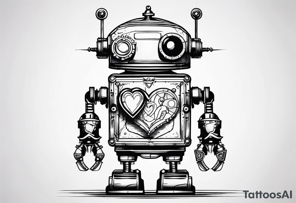 steampunk robot with a real heart tattoo idea
