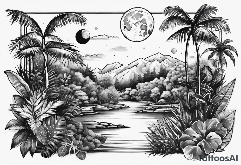 simple jungle, rocket, moon tattoo idea
