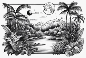 simple jungle, rocket, moon tattoo idea