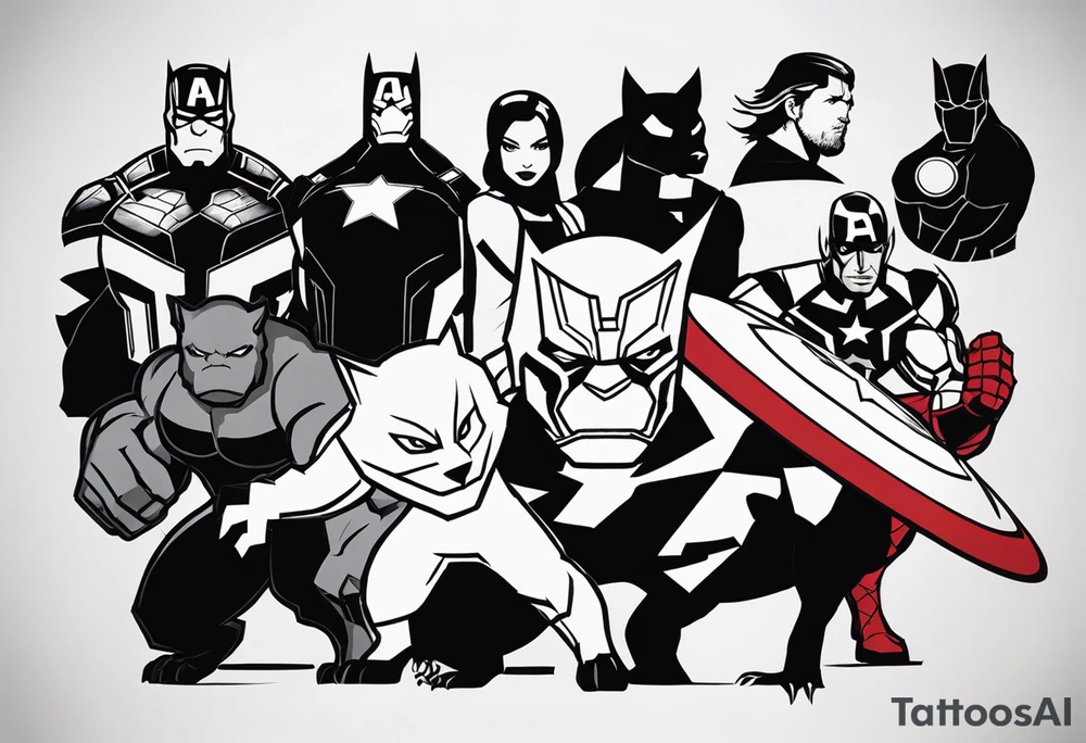I want to change Avengers Team characters with animals. Hulk will be Badger, Thor will be Alpha Grey Wolf, Captain America will be Bull, Iron Man will be Canary, Black Widow will be Axolotl, Hawk Eye will be Sudan Plated Lizard and Nick Fury will be Cat. tattoo idea