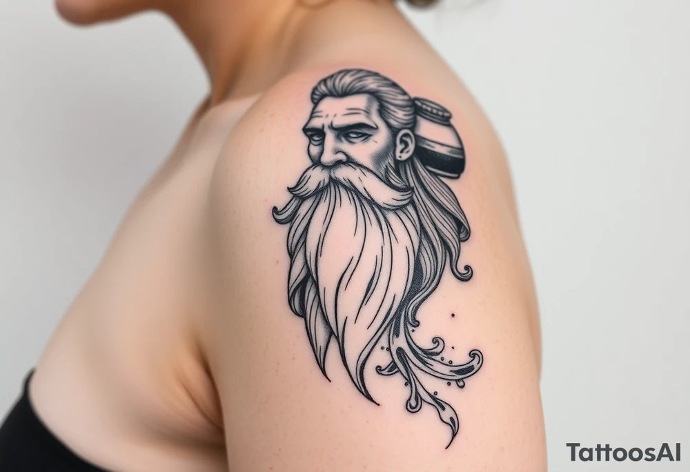 The sign of aquarius version human man almost resembling a god, with a large beard, with a jar on the shoulder with water coming out of it in an ocean element of water flowing along the arm tattoo idea