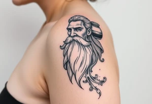 The sign of aquarius version human man almost resembling a god, with a large beard, with a jar on the shoulder with water coming out of it in an ocean element of water flowing along the arm tattoo idea