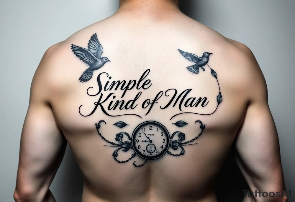Design a tattoo featuring the quote ‘Simple Kind of Man’ in elegant, flowing script. Surround it with symbolic elements that reflect the meaning of the Lynyrd Skynyrd song: a bird in flight to symbolize freedom, a vintage pocket watch to represent wisdom and time, and a gentle mother’s hand or silhouette to symbolize guidance. Use soft black and gray shading with a balanced, sentimental feel. Intended for inner forearm or left chest. tattoo idea