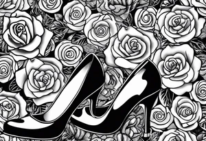 Pearl necklace wrapped around 1950s pinup pumps with roses surrounding tattoo idea