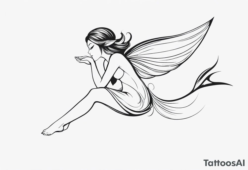 Minimalistic, monochromatic fairy with a tail flying to the left in a fetal position, leaning and looking in the same direction, with visible hands, embodying the 'Fairy Tail' logo aesthetic. tattoo idea