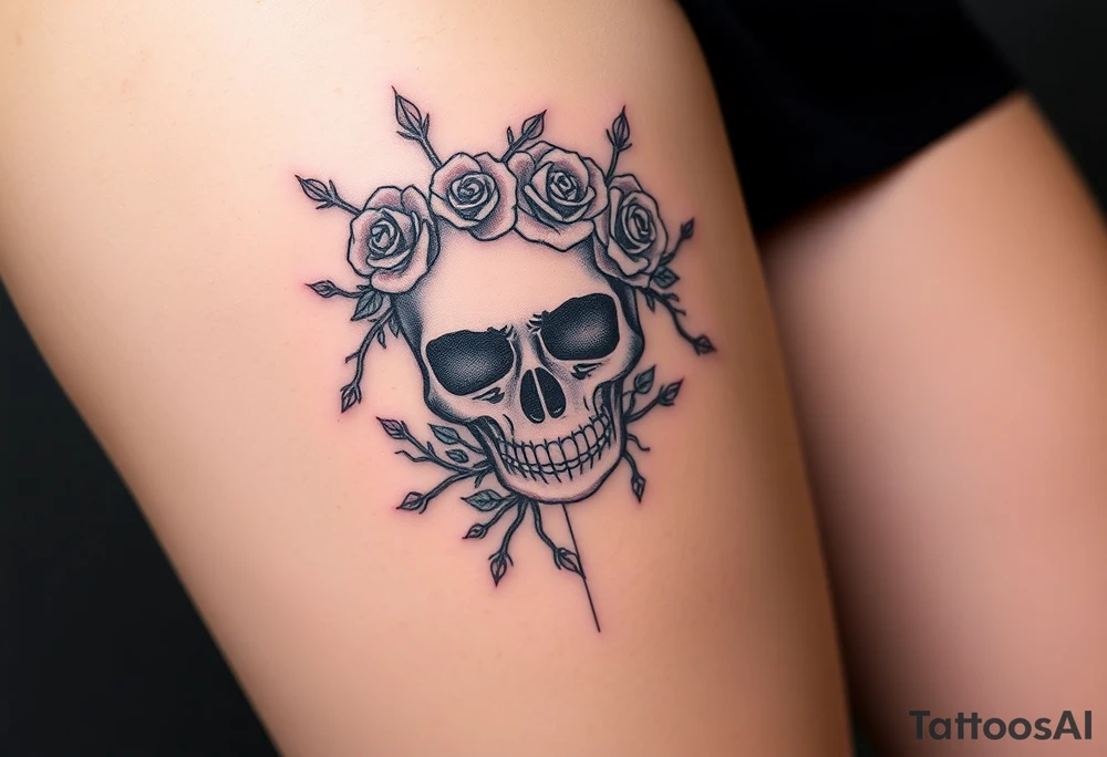 ornate skull adorned with crown of wild roses and thorns tattoo idea