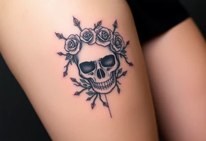 ornate skull adorned with crown of wild roses and thorns tattoo idea