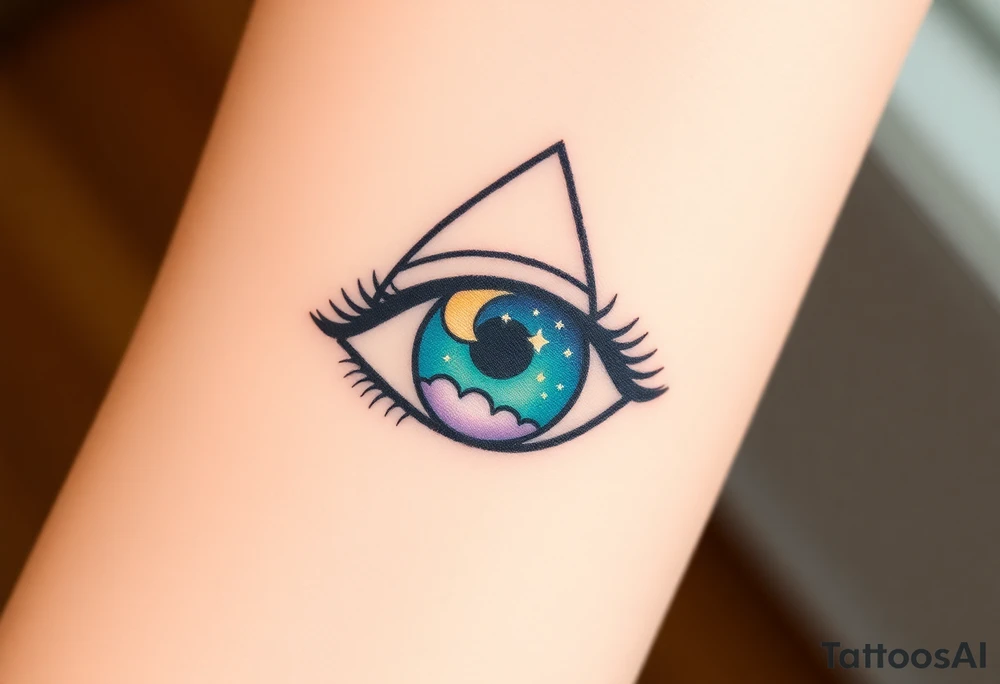Large outline of an eye shaped like an almond with eye colored greenish blue with long pretty black eyelashes + eyeball shaped like a spade symol  + a crescent moon stars and clouds inside of the eyeball only + using vivid colors like blue green purple light blue light green light purple tattoo idea