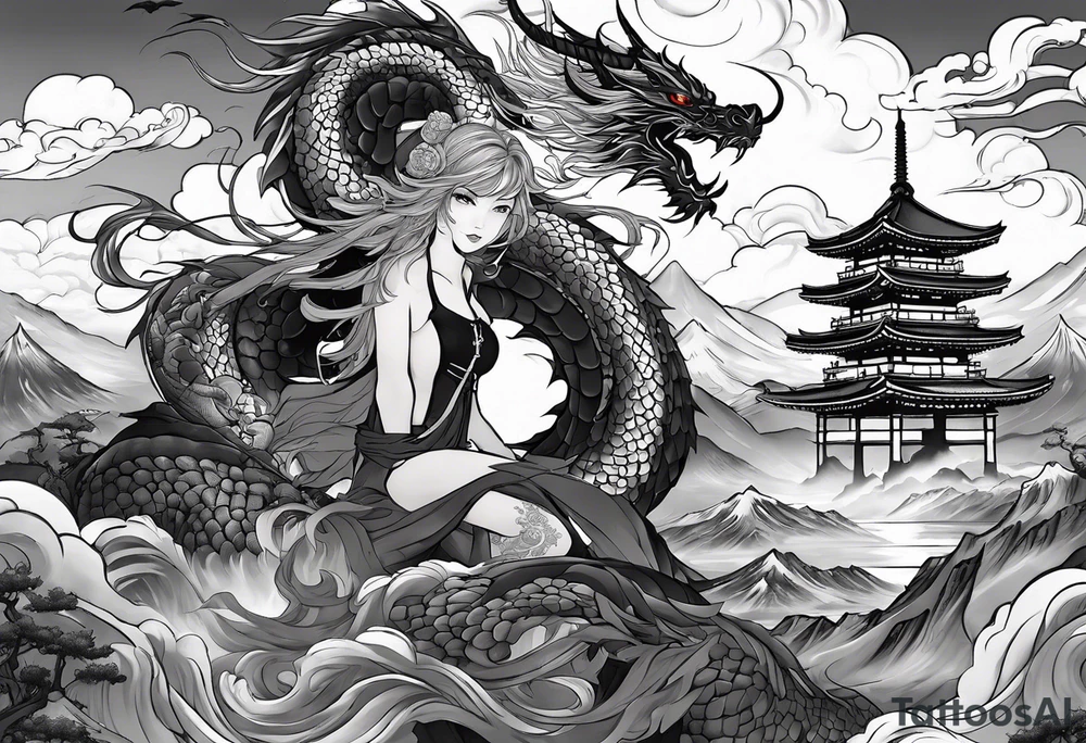 warrior beautiful fairy with a full body holding a sword and a full dragon and the background will be mountains, clouds, and a Japanese building tattoo idea