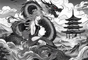 warrior beautiful fairy with a full body holding a sword and a full dragon and the background will be mountains, clouds, and a Japanese building tattoo idea