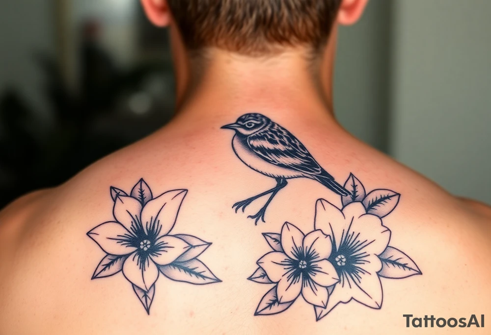 Female pacific golden plover bird in hawaii tattoo with heliconia flowers, crown flower lei, puakenikeni lei, bird of paradise flowers, beehive ginger, shampoo ginger, red tahitian ginger tattoo idea