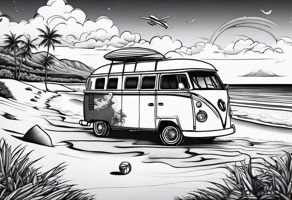 Beach with hills behind, a rugby ball, wine bottle and book on the beach, a plane in the sky and a campervan tattoo idea
